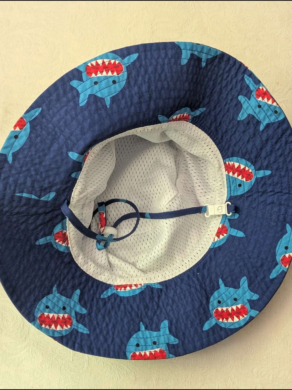 Boys Bucket Hat Blue Shark Print UPF 50 Adjustable Chin Strap 54cm Polyester